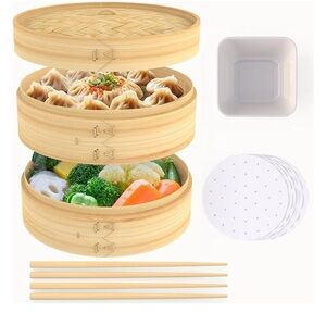 Misha’s New 2 Layer Bamboo Steamer With Accessories Chopsticks Sauce Dish Tan OS